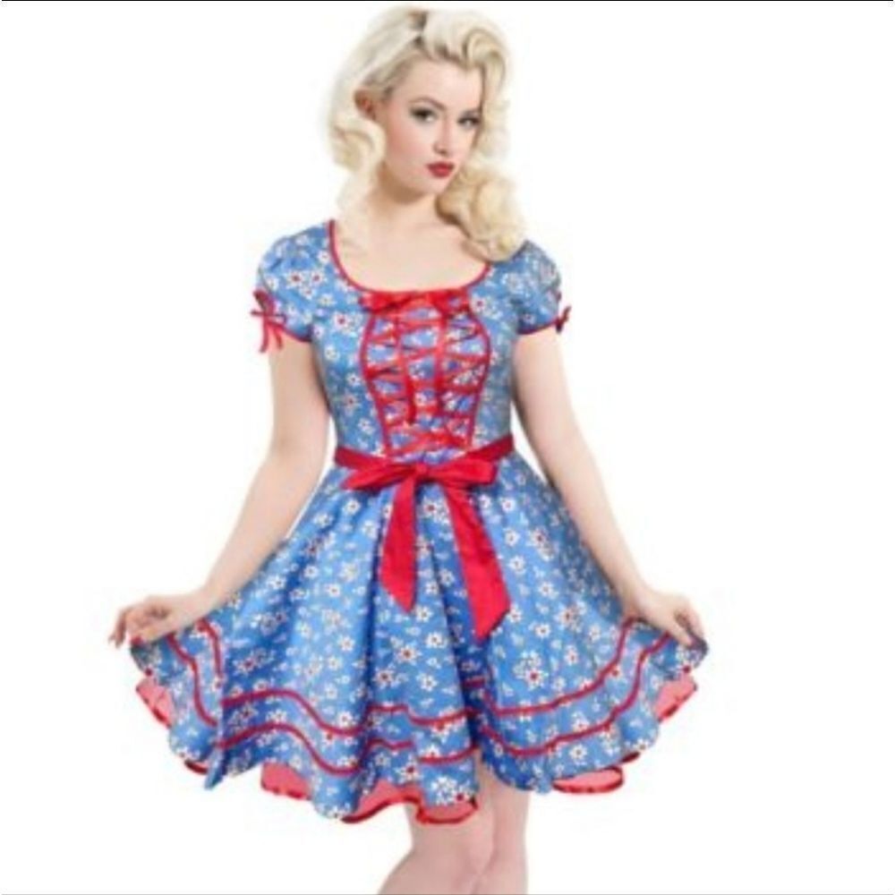 VOODOO VIXEN dress blue daisy floral corset lace up circle pinup S